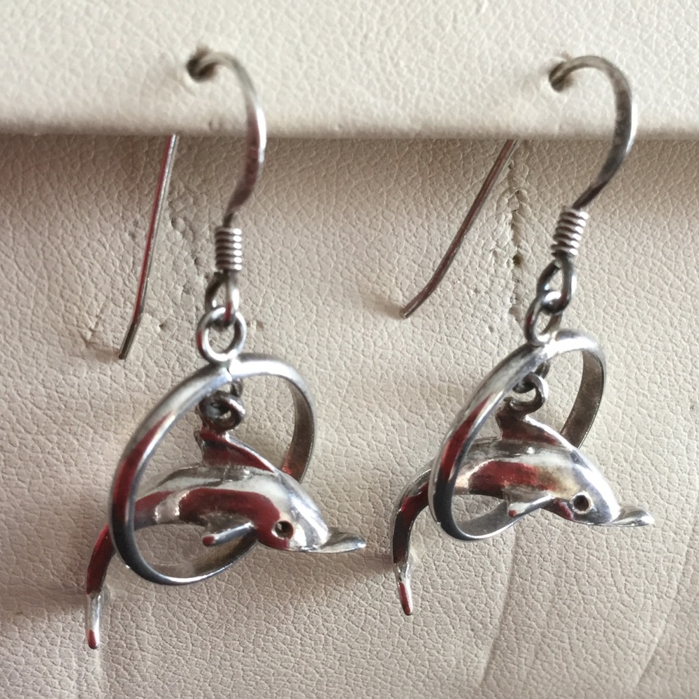 Silver Dolphin Hoop Drop Earrings - Women Jewelry Earrings
